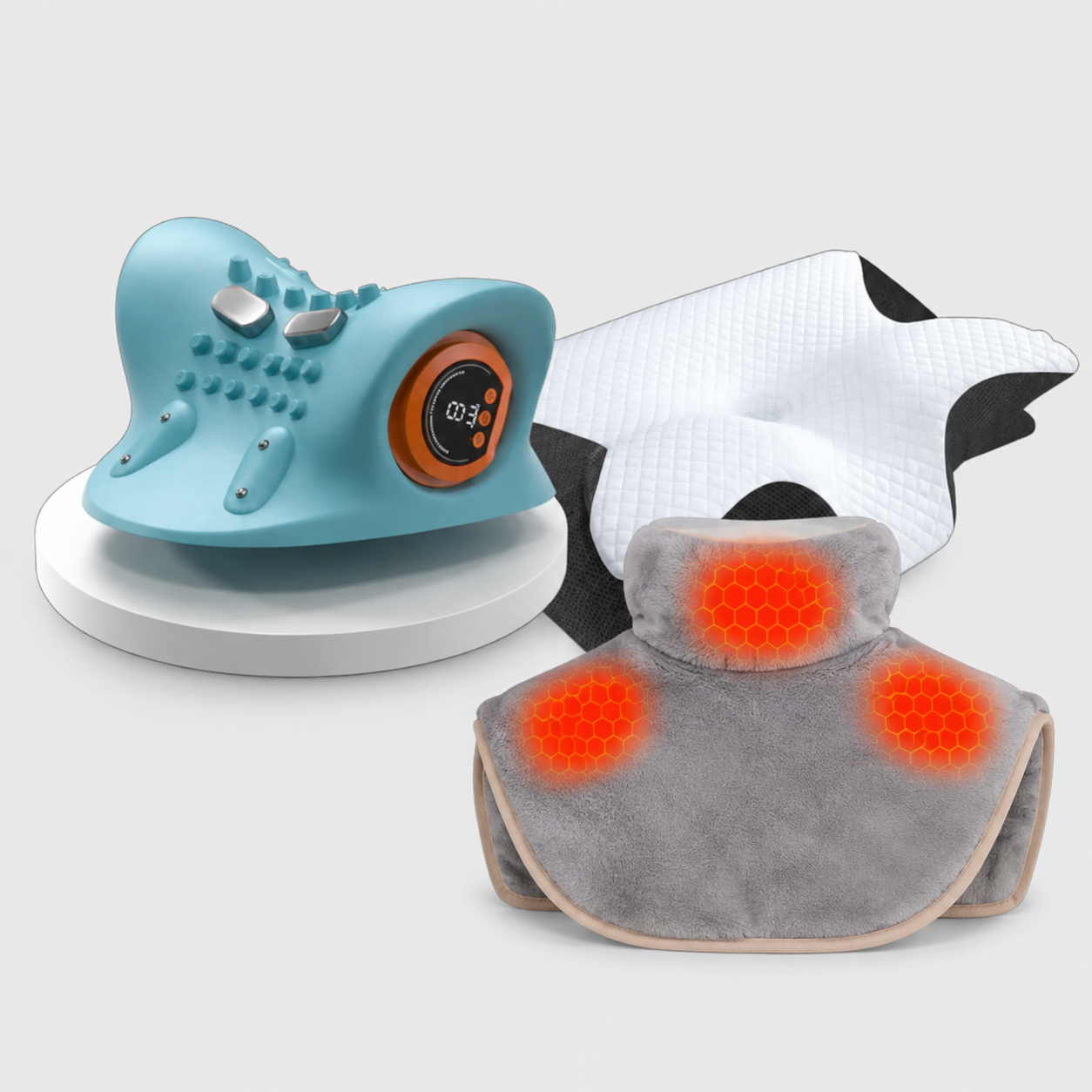 Masajeador Nuvia™ + Almohada Cervical + Manta Térmica Cervical